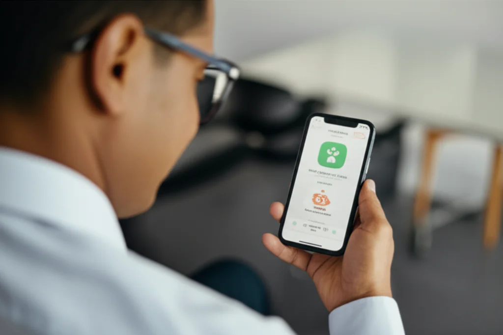 Portrait of an Indian office worker, 35mm portrait, Depth of field, looking at a smartphone with a health app open showing exercise prompts.