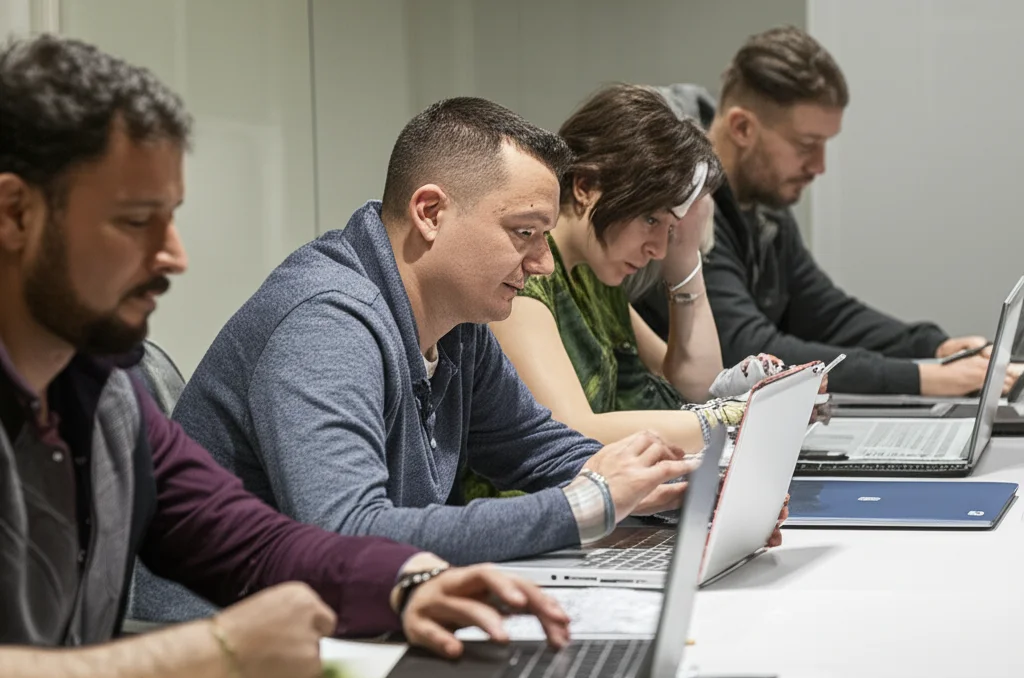 Un'aula moderna di un'università popolare con studenti adulti di età diverse che interagiscono con tablet e laptop durante un corso di competenze digitali. L'atmosfera è collaborativa e l'illuminazione naturale. Prime lens, 35mm, profondità di campo, colori naturali.