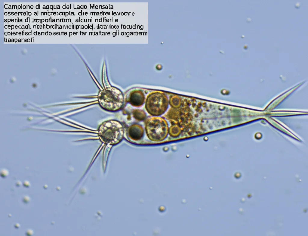 Campione di acqua del Lago Manzala osservato al microscopio, che mostra diverse specie di zooplancton, alcuni rotiferi e copepodi. Macro lens, 60mm, high detail, precise focusing, controlled lighting, con sfondo scuro per far risaltare gli organismi trasparenti.