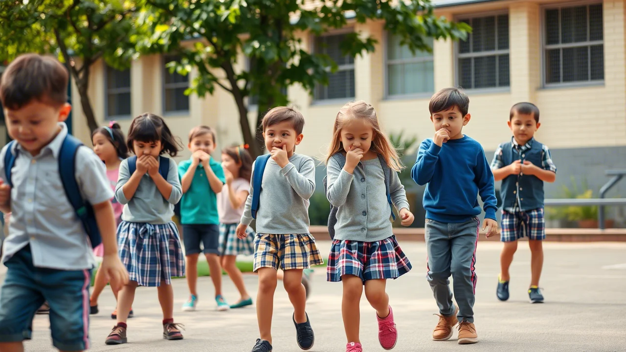 Un gruppo di bambini di età scolare che giocano vivacemente in un cortile scolastico, alcuni tossiscono o si soffiano il naso, rappresentando la maggiore socializzazione post-NPI. Immagine scattata con un obiettivo zoom 35mm per catturare l'interazione, luce diurna, profondità di campo media.