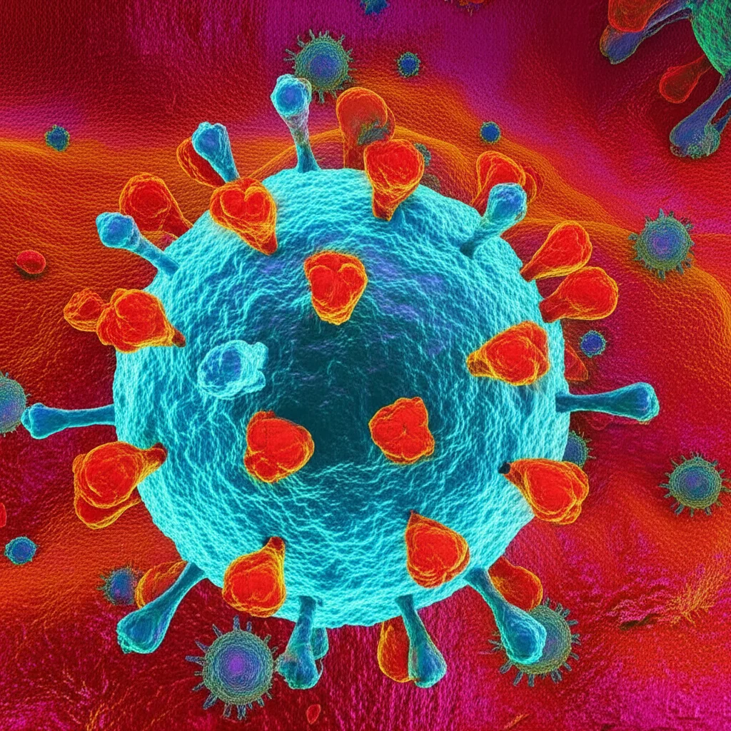 Lente macro, 60 mm, immagine di dettaglio elevata di una particella virus dell'influenza con picchi di neuraminidasi chiaramente visibili, in erba da una superficie cellulare, illuminazione controllata, con molecole di anticorpi stilizzati che tentano di legarsi alla neuraminidasi.
