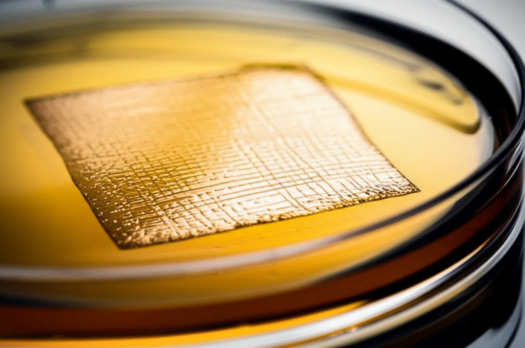 Primo piano, still life, macro lens 100mm, di una piccola striscia di membrana nanofibrosa traslucida parzialmente immersa in un liquido trasparente all'interno di una piastra di Petri. Sottile cambiamento di colore o interazione luminosa visibile dove la membrana incontra il liquido. Alto dettaglio, messa a fuoco precisa, illuminazione morbida e diffusa.