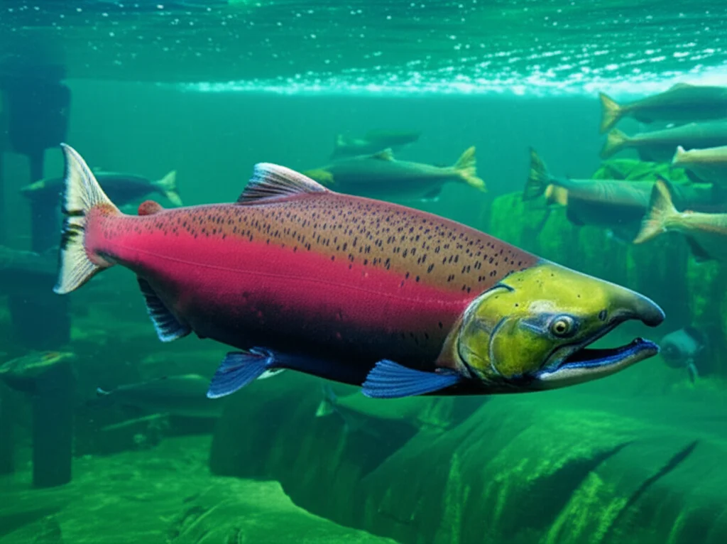 Primo piano di un salmone Coho sano che nuota in acque limpide di un impianto di acquacoltura, teleobiettivo zoom 100-400mm, scatto veloce per catturare il movimento, illuminazione controllata per evidenziare le scaglie argentee e la livrea vivace.