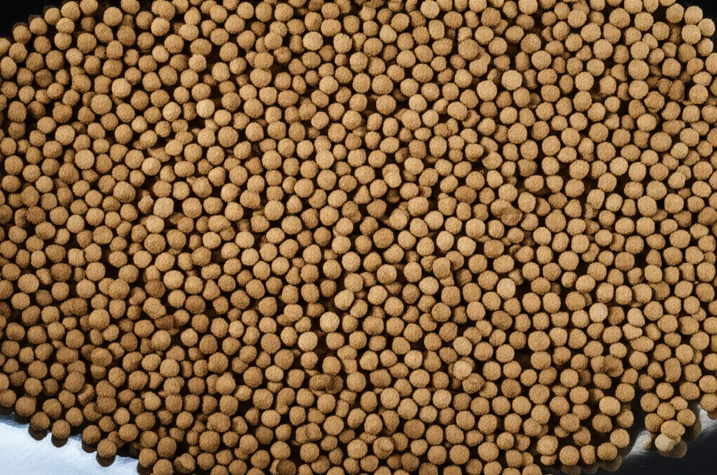 Macro fotografia di pellet di mangime per pesci di diverse tonalità marroni, a indicare diverse integrazioni di nutrienti tra cui il rame, disposti ordinatamente su una superficie metallica pulita, lente macro 60-105mm, alta definizione, messa a fuoco precisa sui granuli, illuminazione da studio controllata.