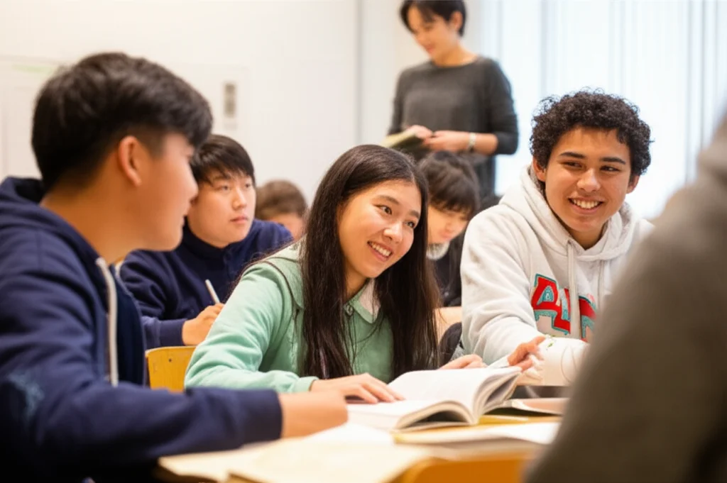 Un gruppo di adolescenti cinesi, ragazzi e ragazze, in un'aula scolastica luminosa, interagiscono animatamente durante una lezione di inglese. Alcuni sorridono, altri consultano libri. L'insegnante è sullo sfondo, facilitando la discussione. Portrait photography, zoom lens 35mm, depth of field, luce naturale diffusa.