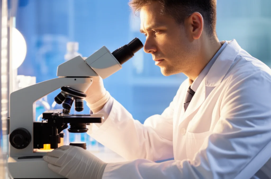 Un ricercatore in camice bianco che osserva attentamente campioni di tessuto epatico di salmone al microscopio in un laboratorio moderno e ben illuminato, prime lens 35mm, profondità di campo per mettere a fuoco il microscopio e lo scienziato concentrato, luce soffusa per un'atmosfera scientifica.