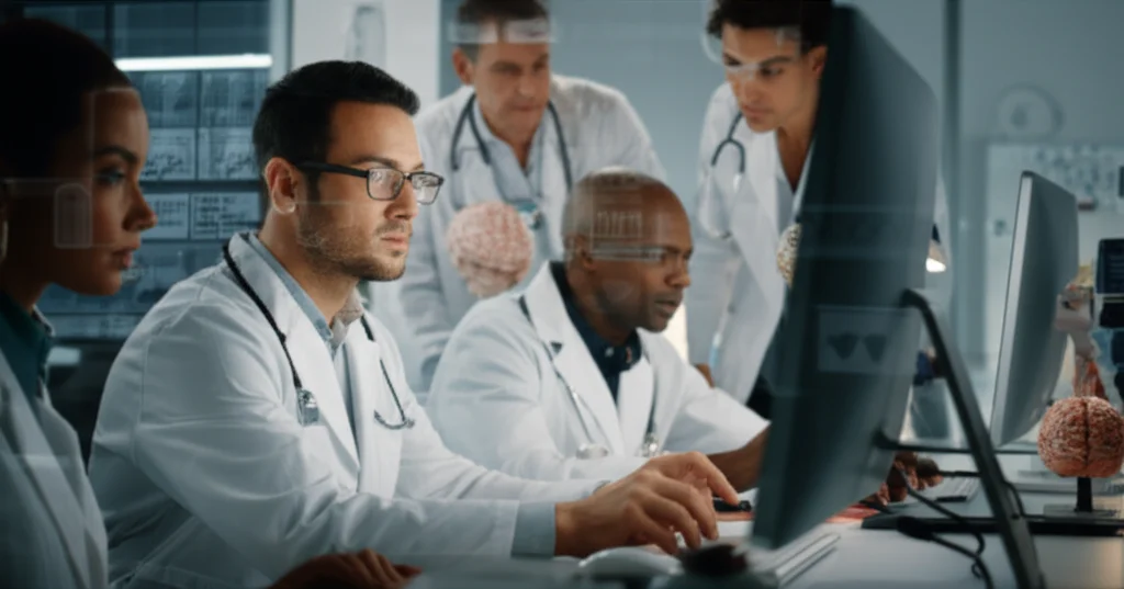 Un team di ricercatori e medici che analizzano dati e grafici su schermi di computer in un laboratorio moderno e luminoso, con modelli anatomici del cervello in background. Prime lens, 35mm, depth of field, illuminazione controllata per evidenziare la concentrazione sui volti.