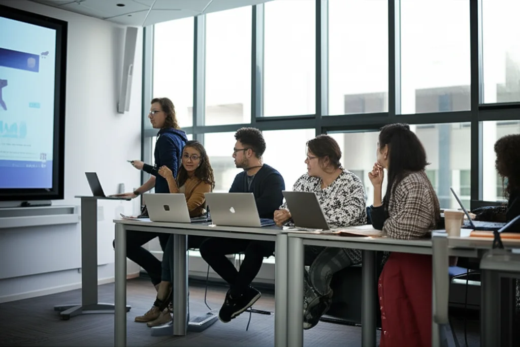 Un gruppo eterogeneo di studenti internazionali che collaborano a un progetto in una moderna aula universitaria, con laptop aperti e lavagne interattive sullo sfondo. Luce naturale brillante che entra da grandi finestre. Obiettivo prime, 35mm, profondità di campo, colori vivaci e saturi.