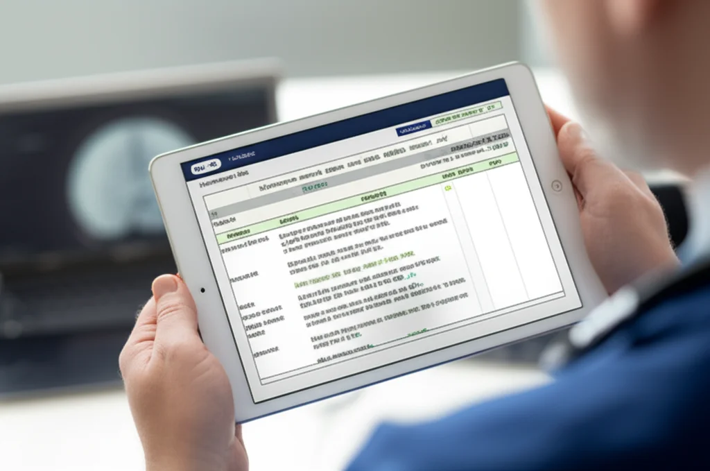 Un nomogramma cartaceo o digitale visualizzato su un tablet tenuto da un medico, con scale di punteggio chiare per ADL, motilità della gamba e disartria, e una scala finale per il rischio di PSD. Macro lens, 100mm, high detail, precise focusing, controlled lighting, per enfatizzare la praticità dello strumento.