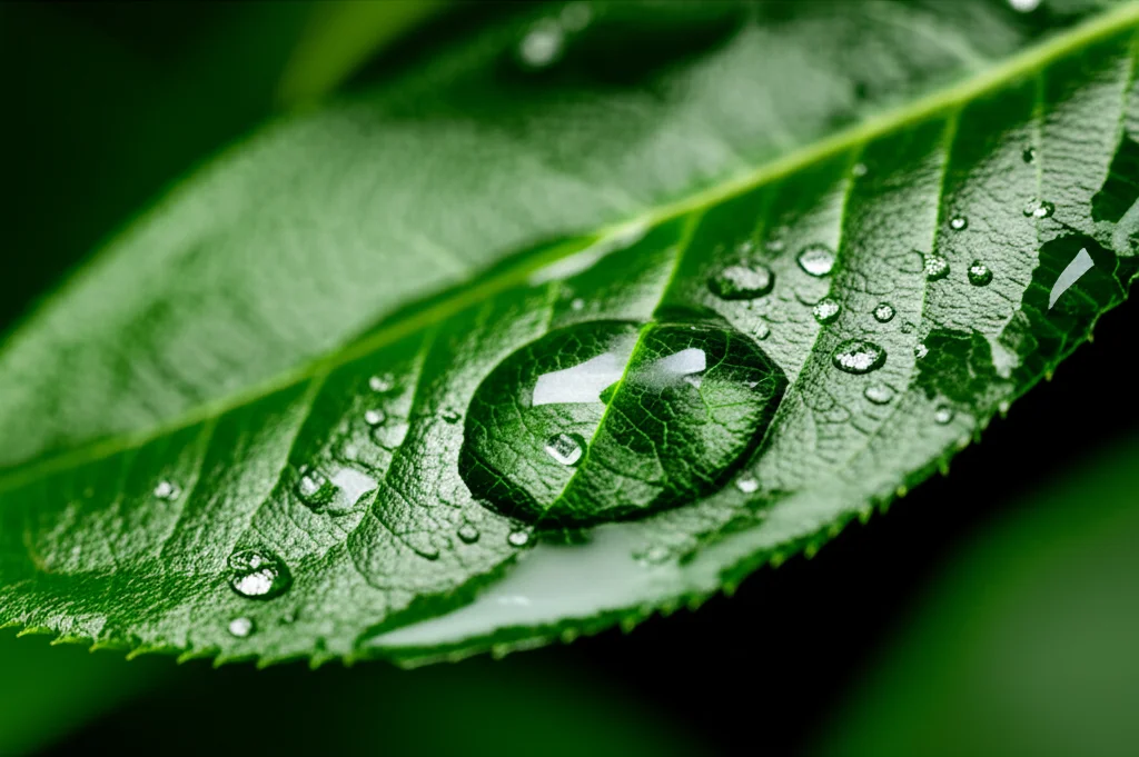 Primo piano macro di una giovane pianta di melo con foglie verdi brillanti che mostrano goccioline d'acqua, a simboleggiare la resilienza idrica. Obiettivo macro 90mm, illuminazione da studio controllata per evidenziare la texture e i dettagli della foglia, con gocce d'acqua che riflettono la luce.