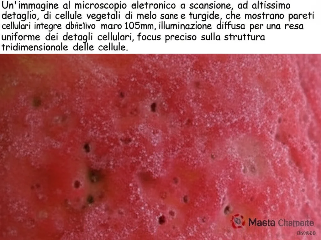 Un'immagine al microscopio elettronico a scansione, ad altissimo dettaglio, di cellule vegetali di melo sane e turgide, che mostrano pareti cellulari integre e ben definite. Obiettivo macro 105mm, illuminazione diffusa per una resa uniforme dei dettagli cellulari, focus preciso sulla struttura tridimensionale delle cellule.