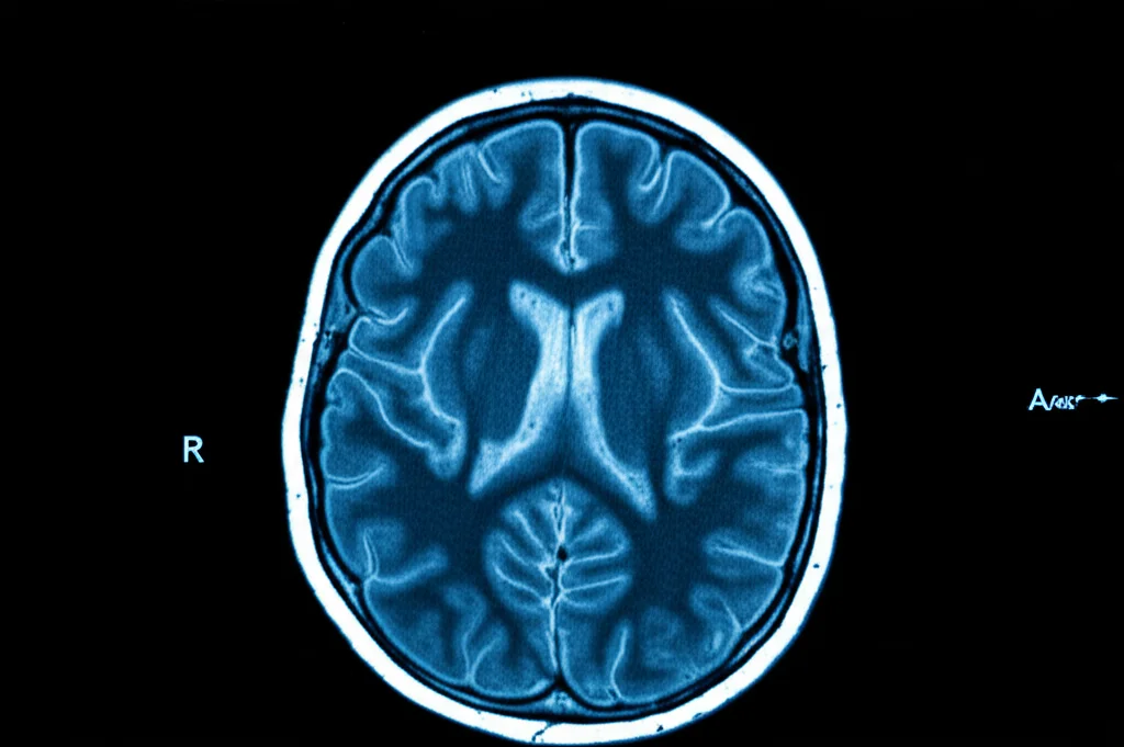 Immagine fotorealistica di una scansione cerebrale MRI ad alta definizione, con illuminazione controllata che evidenzia sottili alterazioni strutturali nella corteccia e nelle strutture sottocorticali, suggerendo l'impatto di una malattia sistemica. Obiettivo macro 80mm, messa a fuoco precisa, con colori duotone blu e grigio per enfatizzare l'aspetto clinico.