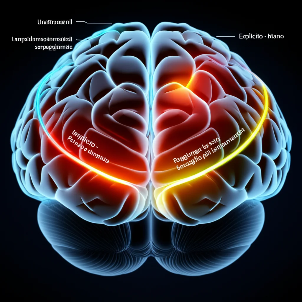 Un cervello stilizzato visto dall'alto, con due percorsi luminosi che si diramano: uno, più breve e diretto, etichettato 'Implicito - Palpebre', arriva rapidamente a un bersaglio temporale; l'altro, più lungo e serpeggiante, etichettato 'Esplicito - Mano', raggiunge lo stesso bersaglio più lentamente. Macro lens, 60mm, high detail, precise focusing, controlled lighting, per illustrare la diversa velocità di apprendimento temporale.