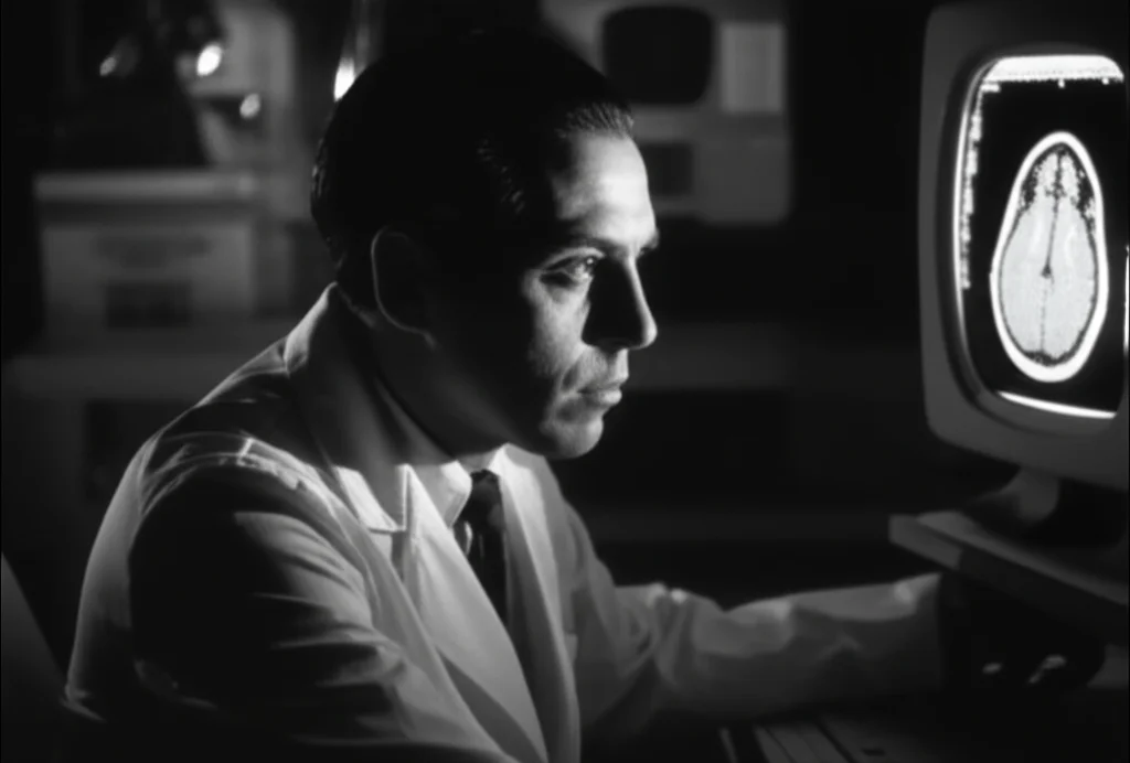 Ritratto fotografico di un ricercatore o medico pensieroso, in bianco e nero, che osserva una scansione cerebrale su un monitor luminoso in un ambiente di laboratorio scarsamente illuminato. Stile film noir, obiettivo prime 35mm, profondità di campo che sfoca lo sfondo.