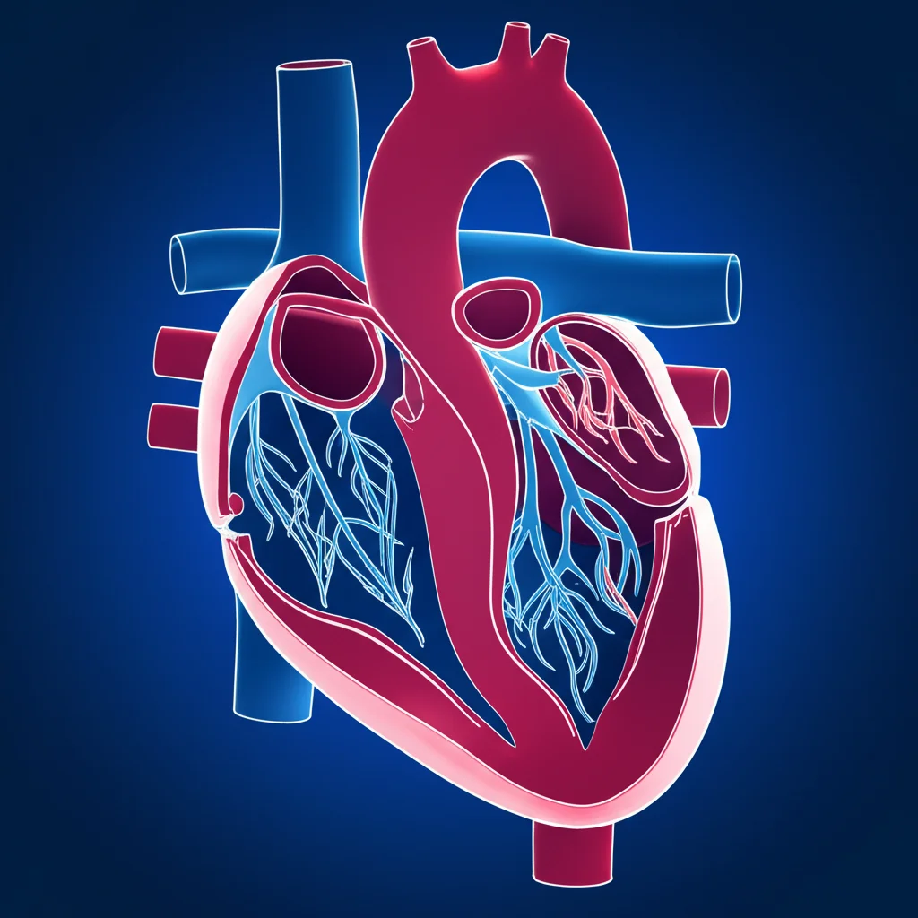 Immagine medica stilizzata del cuore umano con evidenziazione della valvola aortica ristretta e delle connessioni del sistema nervoso simpatico che appaiono iperattive, obiettivo prime 35mm, illuminazione controllata per enfatizzare i dettagli anatomici patologici, sfondo scuro per far risaltare il soggetto, duotone blu e rosso per distinguere il flusso sanguigno e l'attività nervosa.