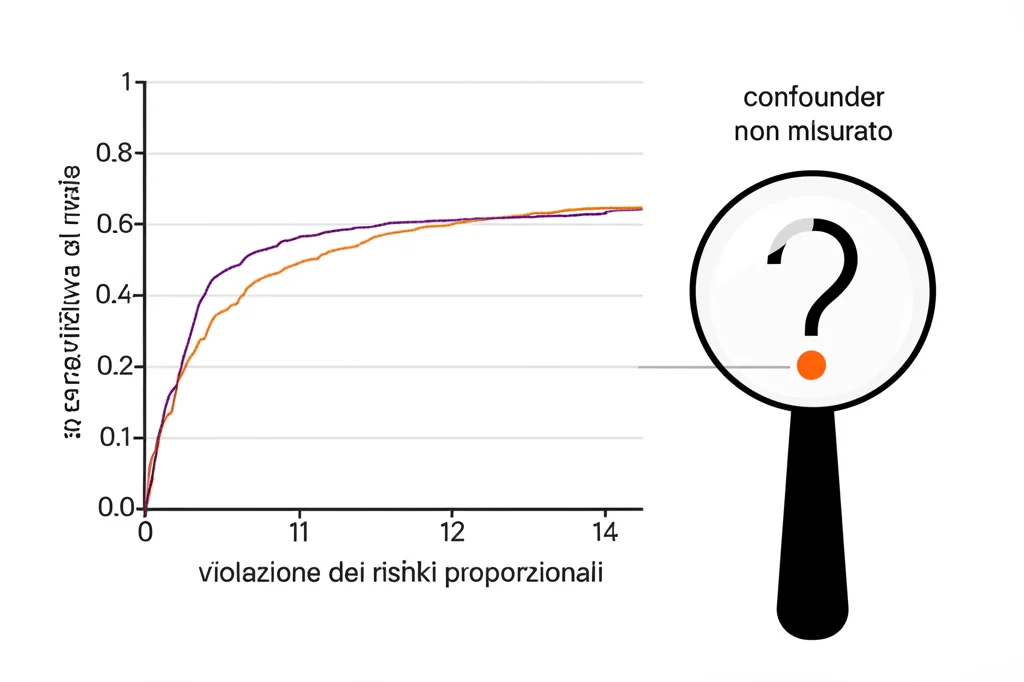Un grafico stilizzato che mostra due curve di sopravvivenza che si incrociano, a simboleggiare la violazione dei rischi proporzionali. Accanto, un'icona a forma di lente d'ingrandimento che scruta un punto interrogativo, rappresentando il confounder non misurato. Macro lens, 60mm, high detail, controlled lighting per enfatizzare le texture dei grafici.