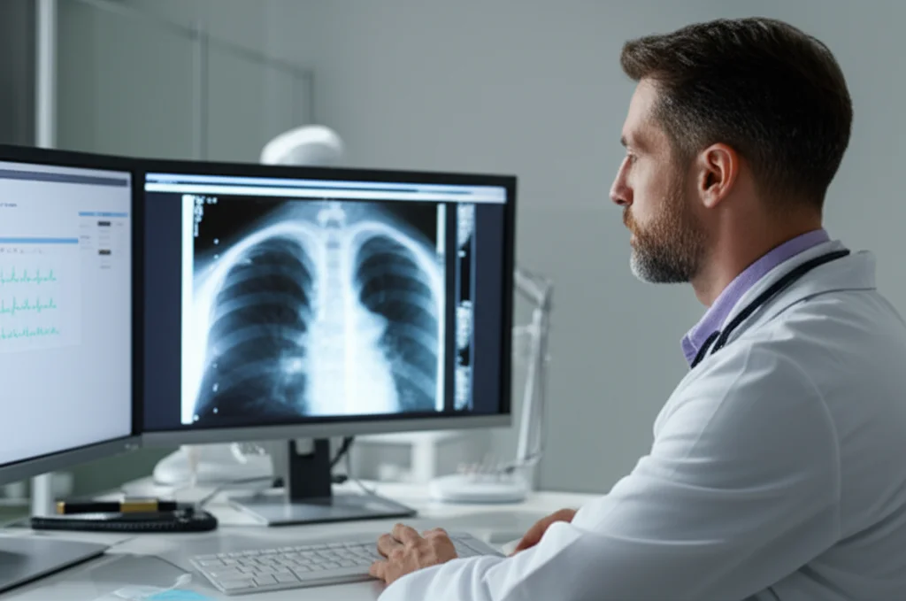 Un medico cardiologo che analizza con attenzione un elettrocardiogramma e immagini di scintigrafia miocardica su un monitor ad alta risoluzione in un ambiente clinico moderno. Obiettivo zoom 24-70mm, profondità di campo per mettere a fuoco il medico e lo schermo, luce soffusa ma focalizzata sui dettagli diagnostici.