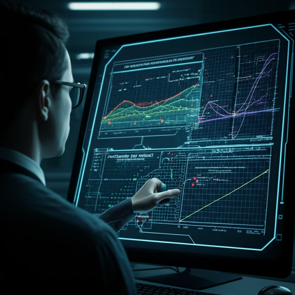 Un ricercatore che osserva attentamente un display olografico tridimensionale che mostra complesse interazioni di dati e curve di sopravvivenza, con alcuni nodi dati evidenziati come 'confounder non misurati'. L'ambiente è futuristico e high-tech. Prime lens, 24mm, film noir style, depth of field per concentrarsi sul display.