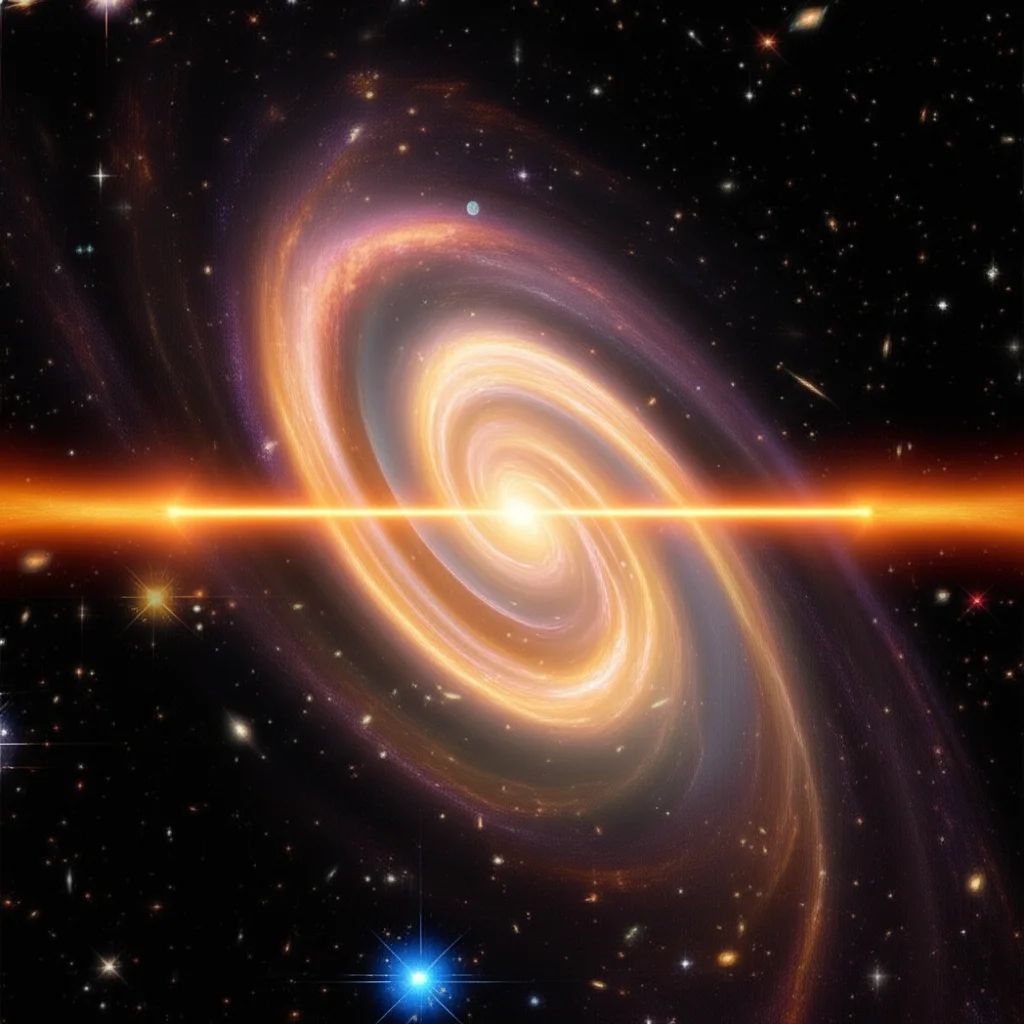 Immagine astronomica di un disco di accrescimento brillante che spiraleggia attorno a un buco nero regolare rotante, con getti di plasma che si estendono dai poli. Wide-angle lens, 15mm, long exposure, sharp focus, colori cosmici intensi.