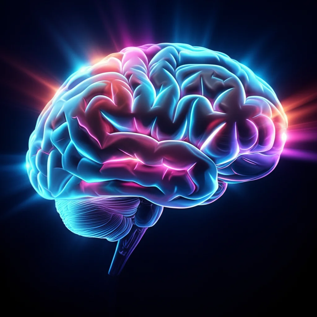 Un cervello stilizzato con diverse aree illuminate che si collegano, a simboleggiare la formazione di ricordi e la segmentazione degli eventi. Macro lens, 60mm, high detail, precise focusing, con fasci di luce che collegano le aree, su sfondo scuro per enfatizzare la luminosità.