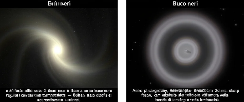 Confronto affiancato di due immagini di buchi neri: a sinistra un buco nero di Kerr, a destra un buco nero regolare rotante con parametro k=0.1. Entrambi con dischi di accrescimento luminosi. Astro photography, wide-angle 20mm, sharp focus, con etichette che indicano le differenze nelle bande di lensing e nella luminosità.