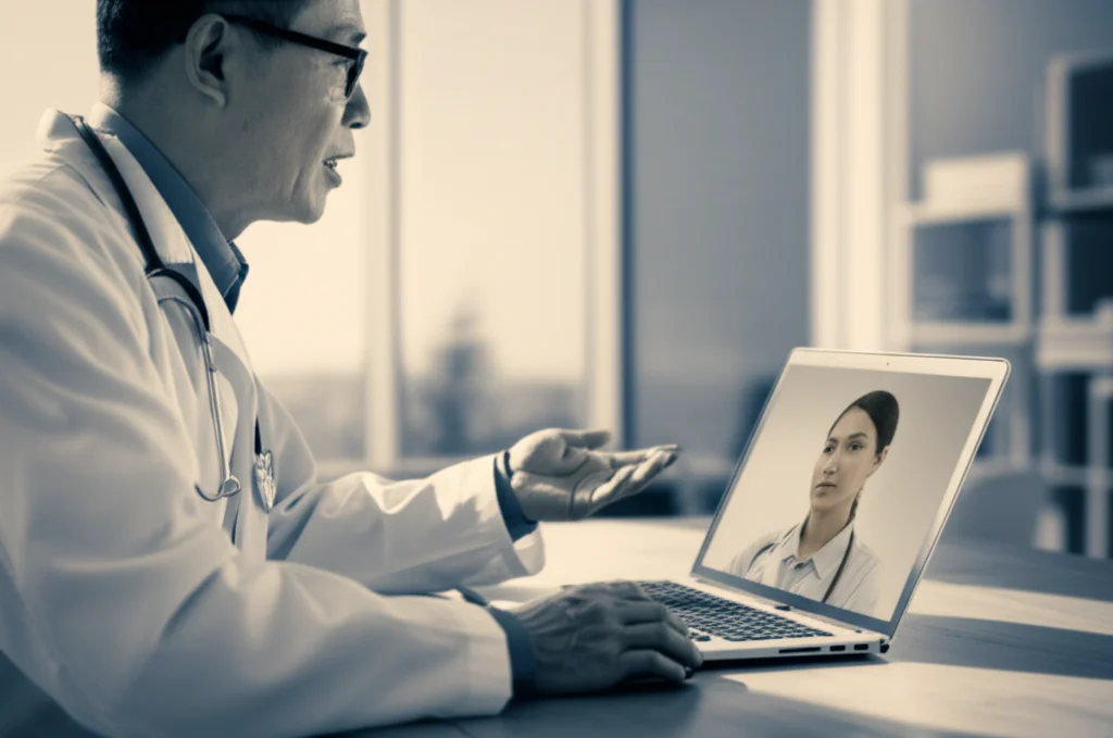 Un medico cinese, uomo di mezza età con occhiali, impegnato in una consultazione online tramite laptop in un ufficio moderno e luminoso. Sullo schermo del laptop si vede il volto attento di una paziente. Il medico gesticola leggermente mentre parla, con un'espressione empatica. Lente prime 35mm, profondità di campo che sfoca leggermente lo sfondo, luce naturale da una finestra, duotone seppia e blu tenue.