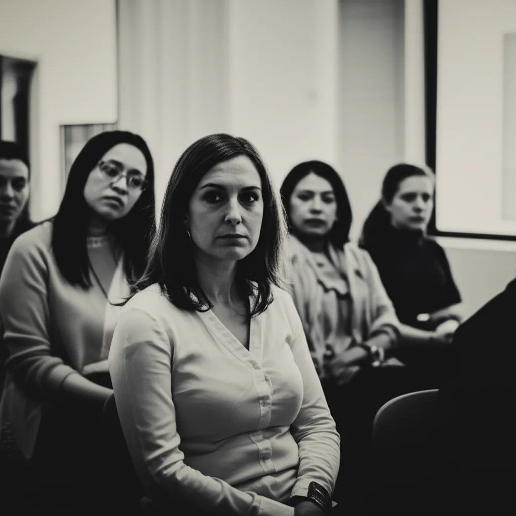 Diverse donne di varie etnie in una sala d'attesa di una clinica della fertilità, alcune appaiono pensierose, altre speranzose. Luce soffusa, profondità di campo. Prime lens, 35mm, duotone seppia e blu.