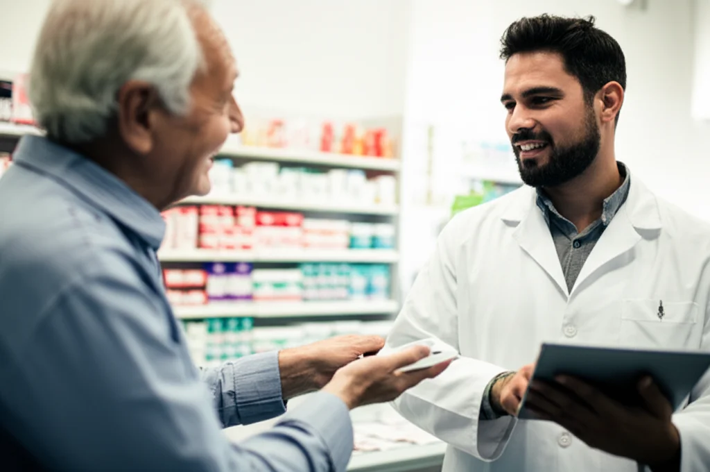 Un uomo anziano sorridente riceve una consulenza da un farmacista in una farmacia ben illuminata. Il farmacista indica qualcosa su un tablet. Obiettivo prime 50mm, luce naturale diffusa, focus preciso sull'interazione amichevole tra i due. L'immagine trasmette fiducia e accessibilità.