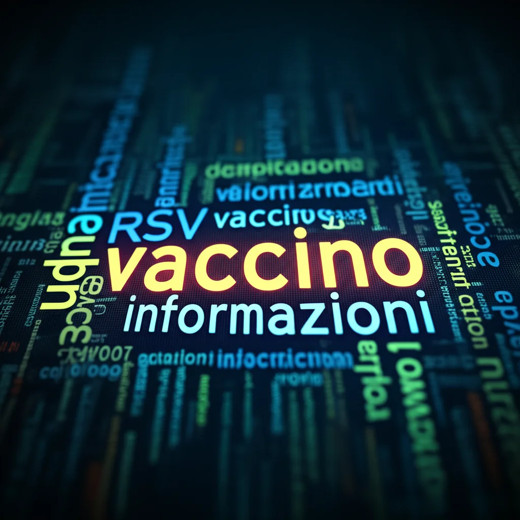 Una visualizzazione grafica di dati testuali, con parole chiave come 'RSV', 'vaccino', 'dubbi', 'informazioni' che emergono da uno sfondo digitale. Macro lens, 100mm, illuminazione da studio precisa per evidenziare la complessità dell'analisi dei dati, colori freddi con accenti caldi per indicare i 'punti caldi' dell'analisi.