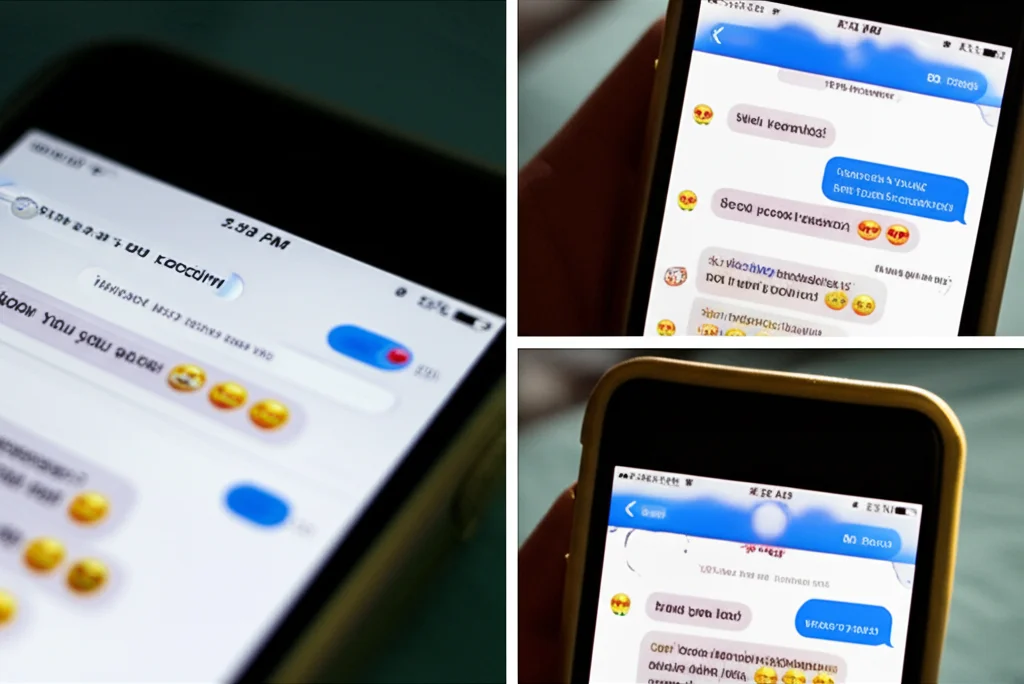 Un collage di schermate di smartphone che mostrano vari messaggi di testo relativi alla salute e ai vaccini, alcuni con emoji. L'immagine è scattata con un obiettivo macro da 60mm per evidenziare i dettagli dei testi, con un'illuminazione controllata e un leggero effetto 'profondità di campo' per sfocare gli sfondi e mantenere il focus sui messaggi.