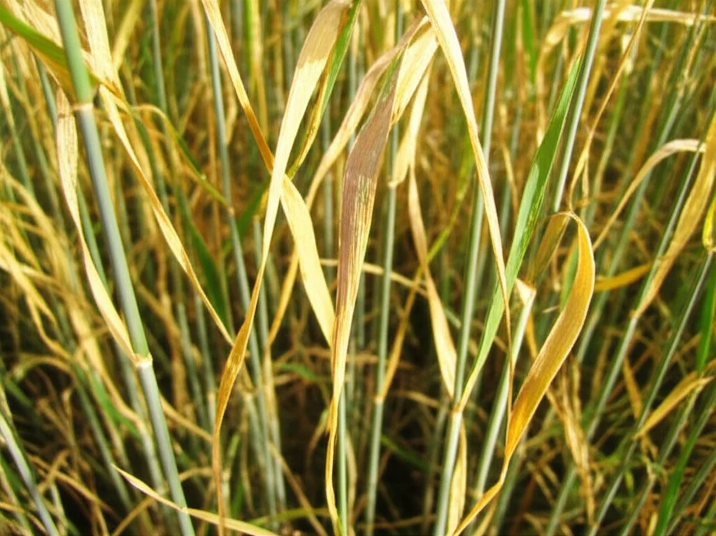 Primo piano di foglie di orzo sotto stress idrico, alcune leggermente ingiallite e arricciate. Fotografia macro, obiettivo 60mm, alta definizione, illuminazione laterale per evidenziare la texture delle foglie e la ridotta turgidità, sfondo sfocato di un campo.