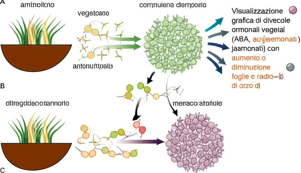 Visualizzazione grafica di diverse molecole ormonali vegetali (ABA, auxine, jasmonati) con frecce che indicano aumento o diminuzione in foglie e radici di orzo. Stile infografica scientifica, colori vivaci, alta definizione, su sfondo neutro.