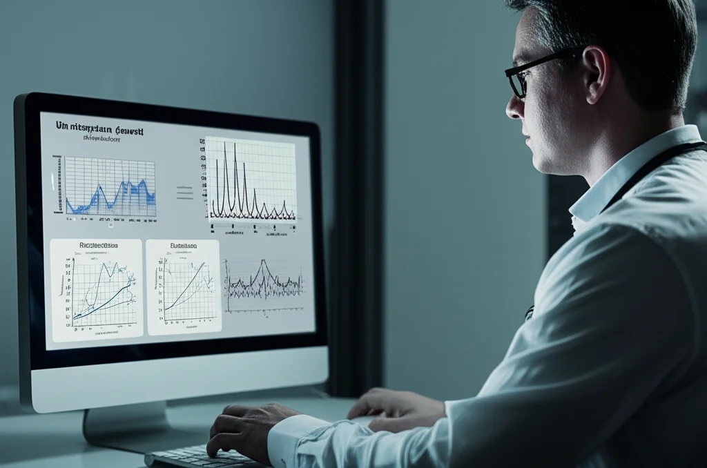 Un ricercatore davanti a un computer con grafici complessi che rappresentano i risultati di una simulazione di uno studio clinico. Sullo schermo si vedono schemi di 'staircase design' e curve di potenza statistica. Lens: Prime 35mm. Details: Depth of field, illuminazione da studio controllata, espressione concentrata del ricercatore, duotone blu e grigio.
