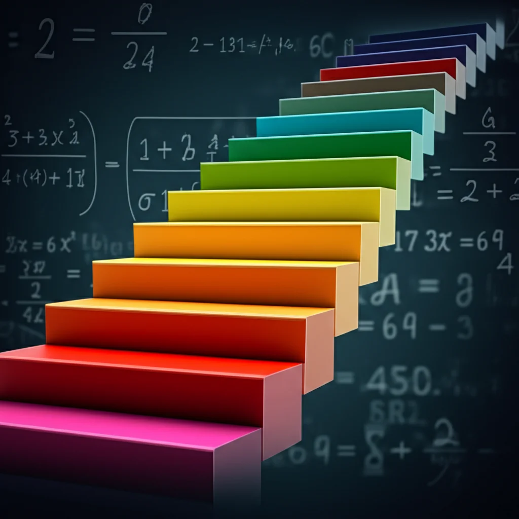 Illustrazione astratta di un 'staircase design' con gradini colorati che salgono, ognuno rappresentante un cluster o una sequenza che passa al trattamento. Sfondo con numeri e formule sfuocate. Lens: Wide-angle 24mm. Details: Sharp focus sui gradini, colori vivaci, sensazione di progresso e analisi.