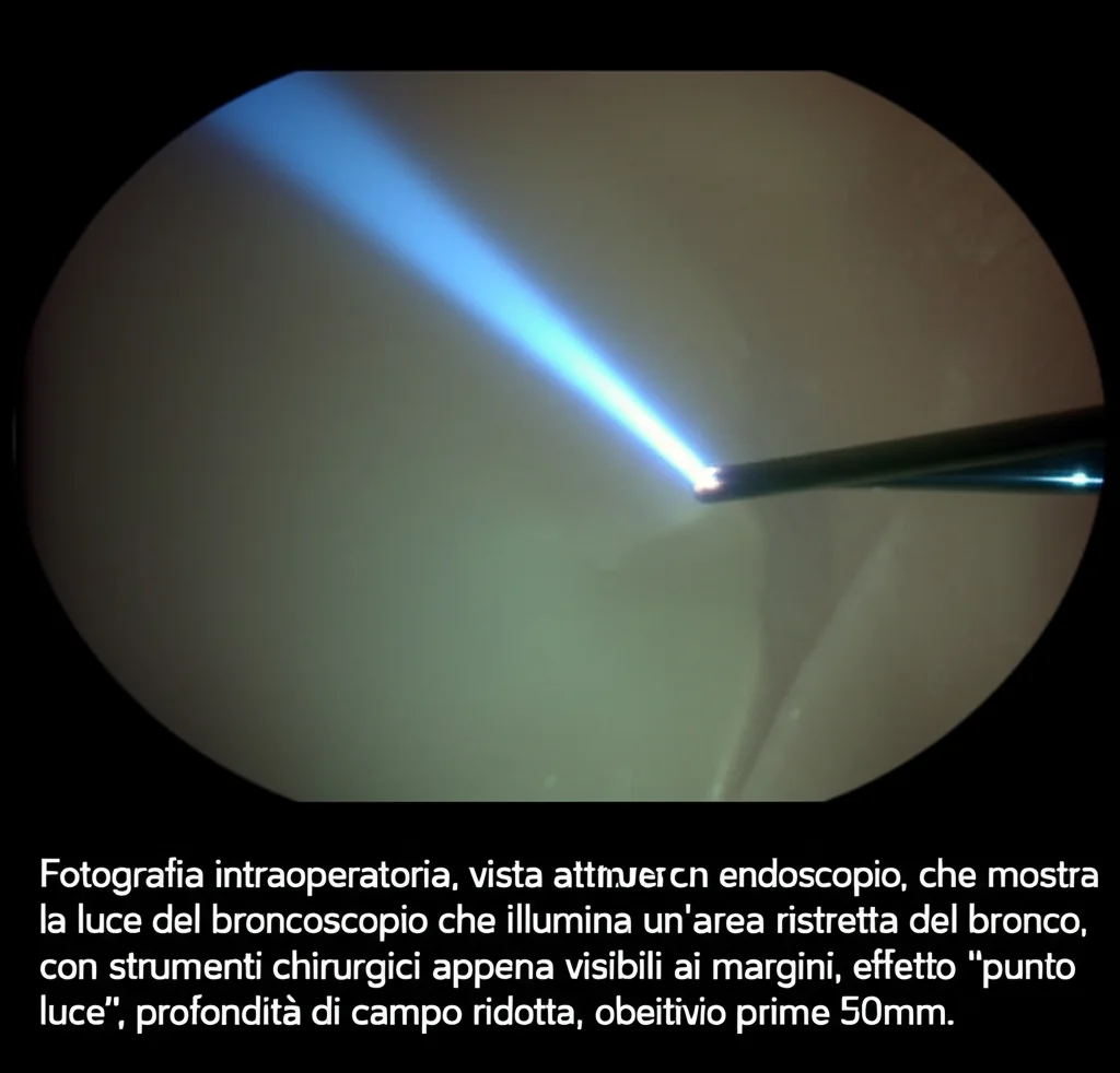 Fotografia intraoperatoria, vista attraverso un endoscopio, che mostra la luce del broncoscopio che illumina un'area ristretta del bronco, con strumenti chirurgici appena visibili ai margini, effetto 'punto luce', profondità di campo ridotta, obiettivo prime 50mm.