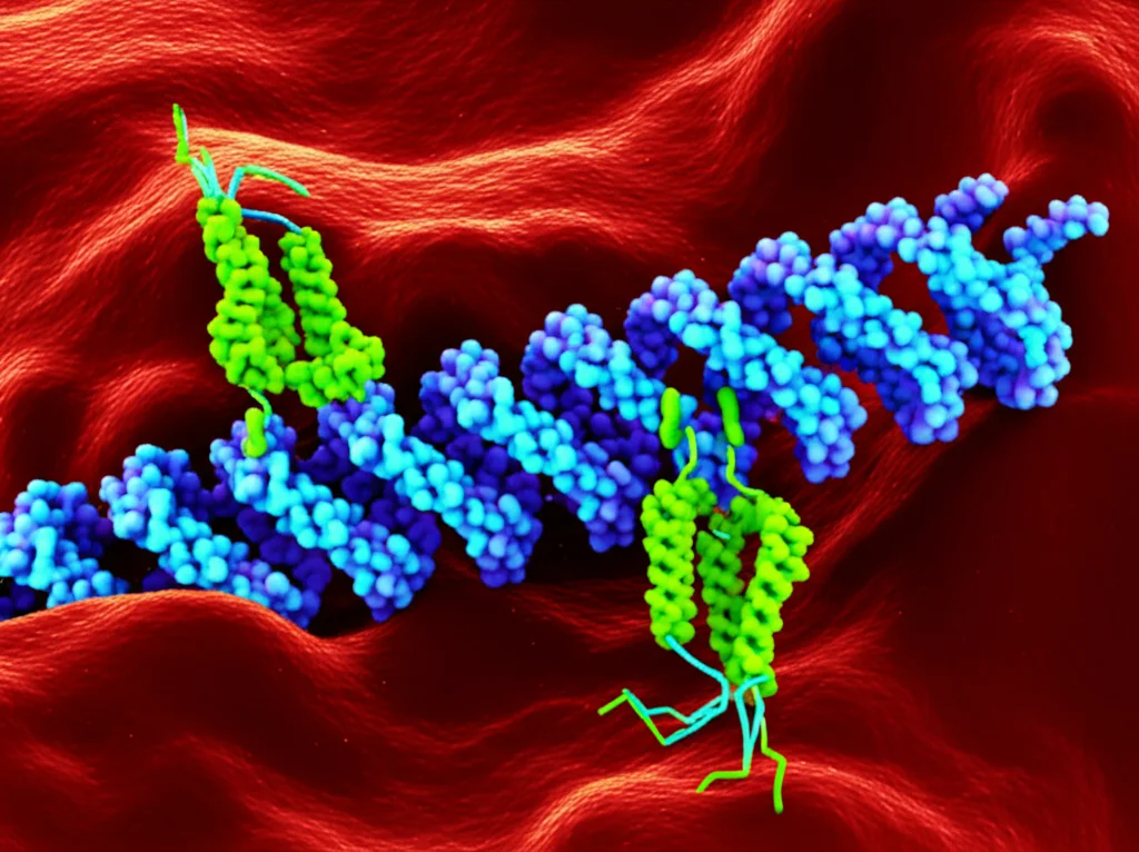 Una visualizzazione 3D fotorealistica di un ribosoma batterico dal quale sta emergendo una catena proteica nascente. Accanto, molecole chaperone (Trigger Factor e DnaK, distinguibili per forma o colore) si avvicinano o interagiscono con la proteina parzialmente ripiegata. Illuminazione da laboratorio controllata, dettagli molecolari elevati, obiettivo macro 100mm, messa a fuoco precisa sulla zona di interazione.