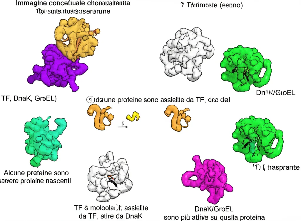 Immagine concettuale fotorealistica di una rete di molecole chaperone (TF, DnaK, GroEL) che lavorano in sinergia attorno a diverse proteine nascenti in vari stadi di ripiegamento. Alcune proteine sono assistite da TF, altre da DnaK. In un'area, una molecola di TF è 'rimossa' (magari trasparente o sbiadita) e DnaK/GroEL sono più attive su quella proteina. Profondità di campo per evidenziare l'interazione principale, colori distinti per i diversi chaperoni, stile da illustrazione scientifica ma fotorealistica, obiettivo prime 35mm.
