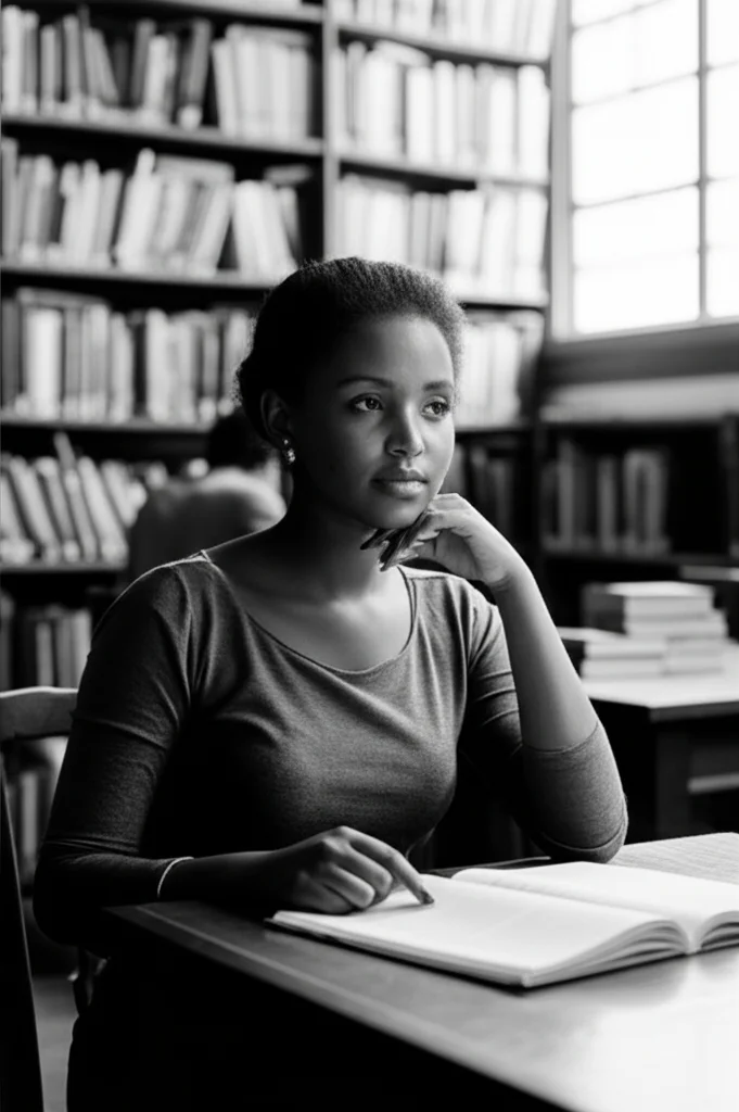 Ritratto fotografico di una giovane studentessa universitaria etiope, aspetto pensieroso, seduta in una biblioteca universitaria con libri sullo sfondo. Obiettivo fisso da 35mm, profondità di campo per sfocare leggermente lo sfondo, luce naturale filtrata da una finestra, viraggio bianco e nero per un'atmosfera introspettiva.