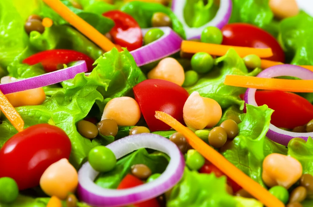 Immagine macro di un piatto di cibo sano ed equilibrato, come insalata mista con verdure colorate e legumi, illuminazione controllata per esaltare i dettagli e la freschezza degli ingredienti. Obiettivo macro da 100mm, messa a fuoco precisa.