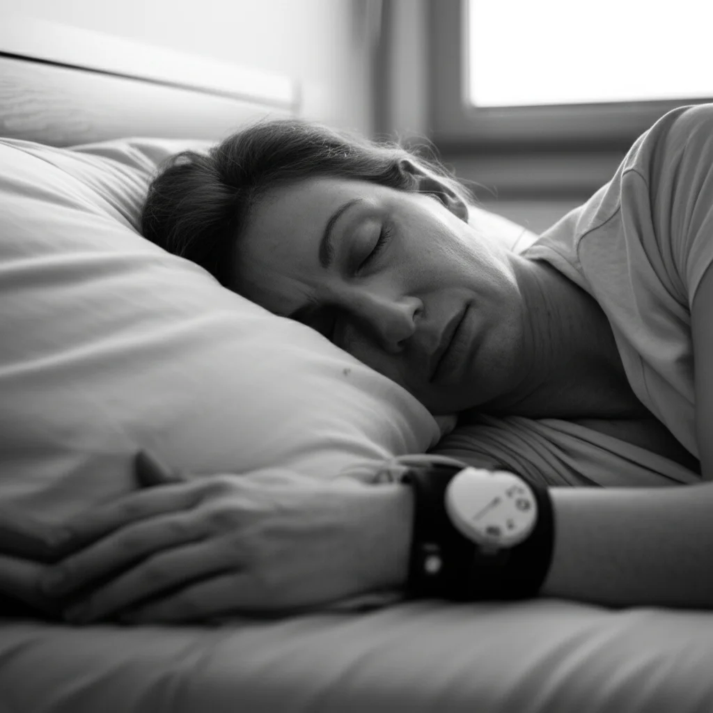 Fotografia di una persona che dorme serenamente a letto, con un discreto dispositivo HSAT (Home Sleep Apnea Testing) applicato, luce soffusa dalla finestra, prime lens 35mm, atmosfera tranquilla, bianco e nero con leggero contrasto.