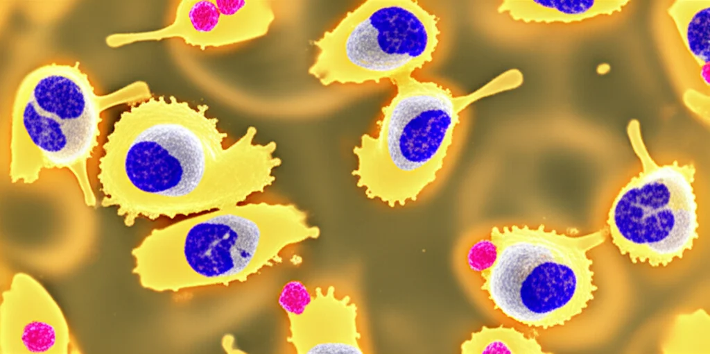 Immagine macro di cellule CAR-T che interagiscono con cellule tumorali e cellule del sangue sane in una piastra di Petri, illuminazione controllata per evidenziare i dettagli cellulari, obiettivo macro 100mm, alta definizione, con un focus preciso sulle diverse morfologie cellulari.