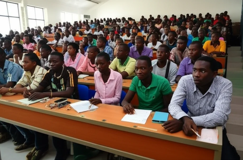 Fotografia realistica di un'aula universitaria di ingegneria in Ghana, estremamente sovraffollata, studenti seduti per terra e in piedi, alcuni cercano di prendere appunti in condizioni difficili. Poca luce, banchi disordinati. Obiettivo grandangolare 18mm, illuminazione controllata per evidenziare il sovraffollamento, messa a fuoco nitida.
