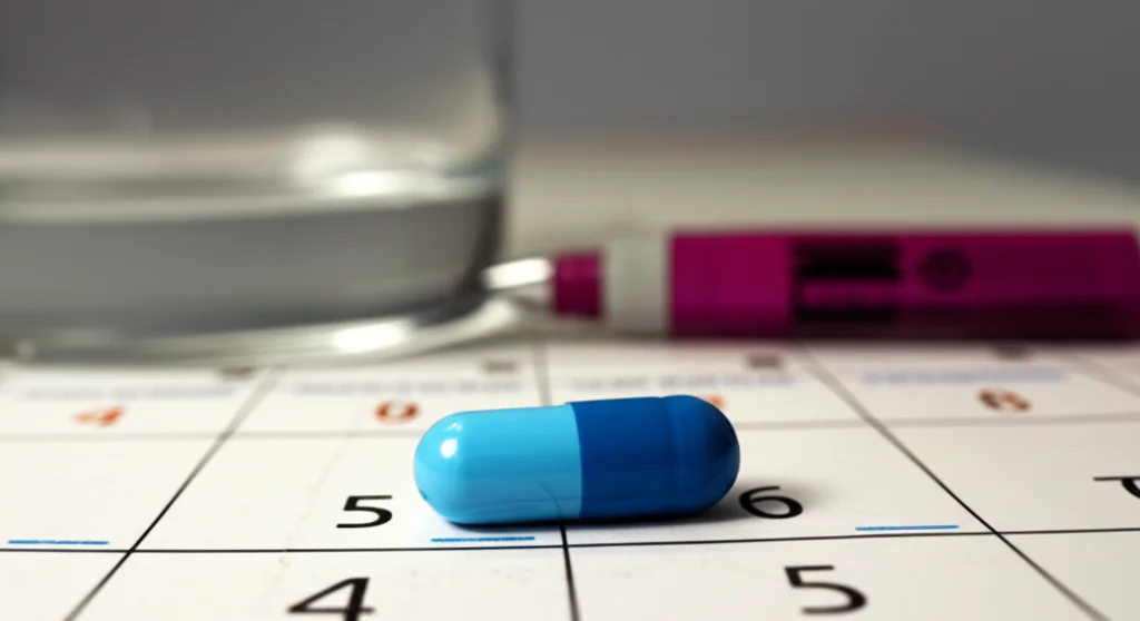 Una capsula blu brillante su un cucchiaino, pronta per essere ingerita, con uno sfondo sfocato di un bicchiere d'acqua e un calendario, obiettivo macro 60mm, luce soffusa, per simboleggiare il 'Blue Poop Challenge' e la misurazione del tempo di transito intestinale nel contesto dello studio sul Parkinson.