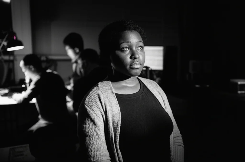 Fotografia realistica, una giovane studentessa di ingegneria, forse di etnia africana, in un laboratorio universitario, visibilmente isolata e leggermente intimidita mentre i compagni maschi lavorano con disinvoltura su un macchinario, ignorandola. Obiettivo 50mm, profondità di campo ridotta per focalizzare sull'espressione della studentessa, illuminazione drammatica, bianco e nero film.