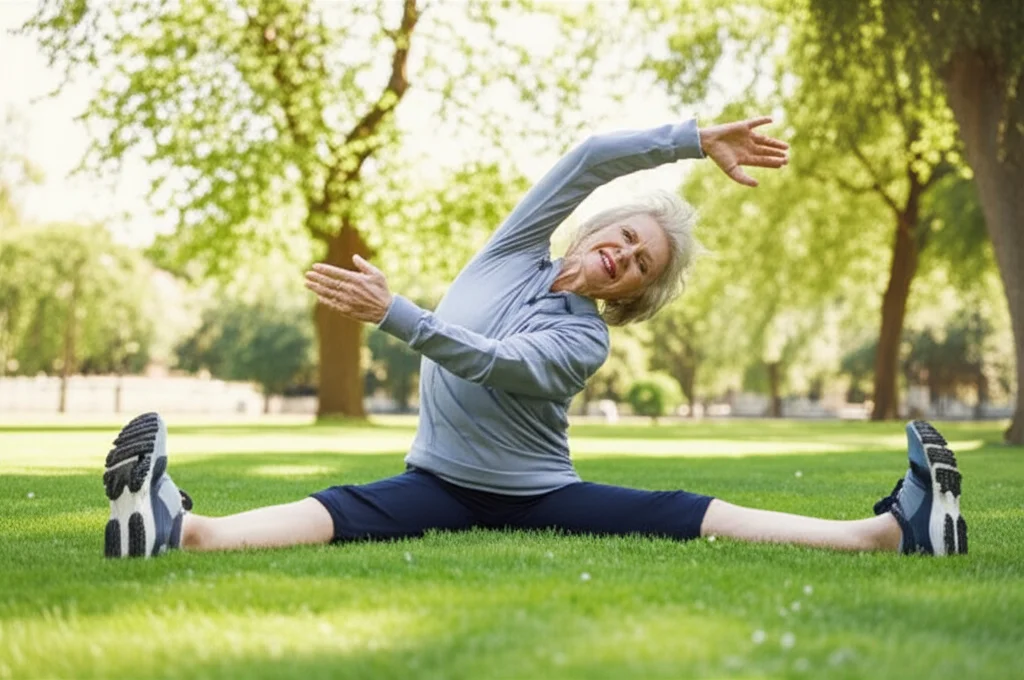 Una persona anziana che fa stretching leggero in un parco soleggiato, teleobiettivo zoom 150mm, fast shutter speed per catturare il movimento fluido, a simboleggiare l'importanza dell'esercizio fisico nella gestione dei sintomi del Parkinson, inclusi quelli gastrointestinali.