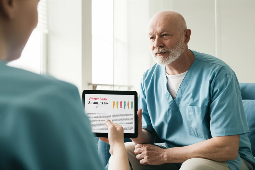 Prime Lens, 35 mm, un membro dello staff della casa di cura dedicato in uniforme che sembra pensieroso con un tablet che mostra una versione digitale della margherita cognitiva, con un residente con demenza seduta comodamente nelle vicinanze, leggermente sfuggente. Profondità di campo, illuminazione naturale di finestre da una finestra vicina, trasmettendo un senso di assistenza assistita dalla tecnologia e risoluzione dei problemi in un ambiente calmo.