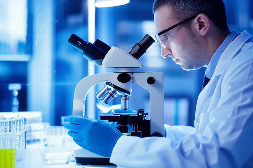 Fotografia di un veterinario che esamina con attenzione un campione di tessuto epatico di un animale sotto una luce da laboratorio, con strumenti analitici sfocati sullo sfondo. Obiettivo macro 100mm, alta definizione, illuminazione controllata per evidenziare i dettagli del tessuto e l'atmosfera scientifica.