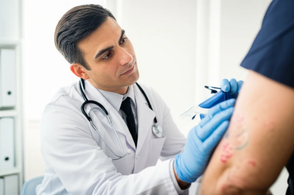 Un medico dermatologo esamina con attenzione una lesione psoriasica sulla pelle di un paziente in un ambulatorio moderno e luminoso. L'immagine, scattata con un obiettivo da 35mm, mostra un primo piano del medico e della pelle del paziente, con una profondità di campo che sfoca leggermente lo sfondo, per trasmettere un senso di cura personalizzata e tecnologia avanzata. Luce controllata da studio.