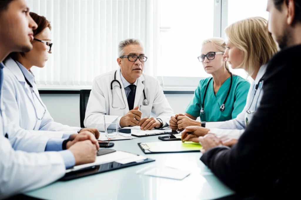 Fotografia di un gruppo eterogeneo di professionisti sanitari francesi (medici, infermieri, farmacisti) riuniti attorno a un tavolo in un moderno ambulatorio, mentre discutono animatamente un piano di prevenzione per la comunità locale. Obiettivo da 35mm, profondità di campo per mettere a fuoco il gruppo ma sfocare leggermente lo sfondo, illuminazione naturale da una finestra.