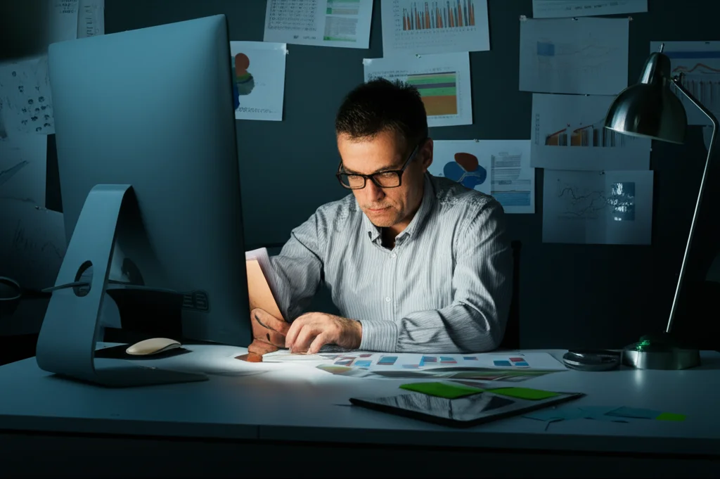 Un coordinatore di CPTS, uomo di mezza età, concentrato al computer nel suo ufficio luminoso, circondato da grafici e piani di progetto appesi al muro, che simboleggia l'organizzazione e la gestione dei progetti di prevenzione. Obiettivo macro da 60mm per un dettaglio preciso del volto e delle mani sulla tastiera, illuminazione controllata da studio.